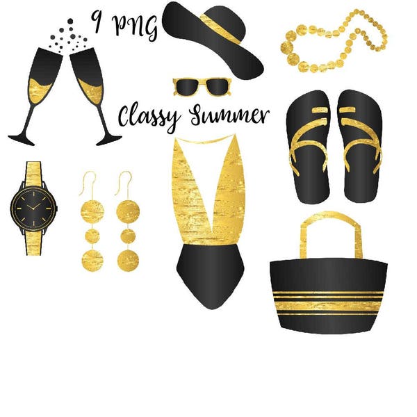 Été chic, accessoires d’été, maillot de bain en fleuret d’or, verres à champagne, sac de plage noir, pantoufles à bascule, boucles d’oreilles dorées, fantasy cl