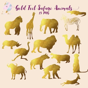 Animaux de safari, clip art d’animaux, clipart de feuille d’or, silhouettes de clipart, éléphant d’or, zèbre de feuille d’or, art du lion, rhinocéros d’or, girafe si