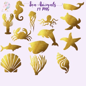 Clipart des animaux marins, clip art des animaux de mer, silhouettes en feuille d’or, graphiques de l’océan, images d’été, sous la mer, hippocampe d’or, dauphin d’or