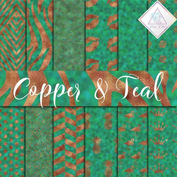 Watercolor teal foils with copper pattern in jpg format, watercolour digital paper and bronze backgrounds, brown metalic girly patterns