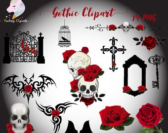 Clipart set gótico, halloween gótico, arte gótico victoriano, calavera y rosas, clipart de scrapbooking, descarga de imágenes prediseñadas, marco vintage, negro