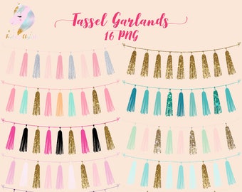 Tassel garlands, tassels clipart, garland clip art, wedding tassels, party tassels, gold glitter clipart, turquoise tassels, blush clip art