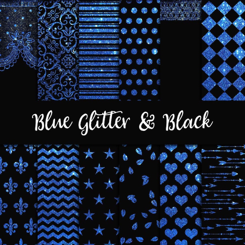 Blue glitter, digital paper, glitter backgrounds, floral lace pattern, glitter textures, blue and black, fantasy cliparts, scrapbooking pape image 1