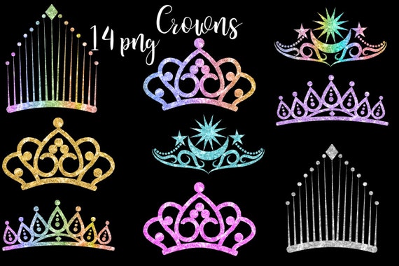 Glitter crowns, irridecent foils, tiaras clip art png, whimsical mermaid, jewelry rainbow, watercolor princess, rose gold clipart, golden se Il_570xn