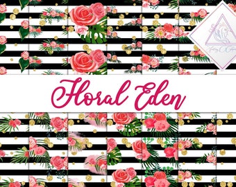 Eden floreale, carta digitale, sfondi rosa, peonie di rose, fiore di peonia, strisce bianche nere, blogger del blog, carta scrapbooking, scrapbooking