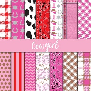 Cowgirl papier pak, digitaal papier, western scrapbook, cowgirl achtergronden, cowboy meisje, denim textuur, roze scrapbooking, rode bandana, sheri