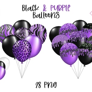 May include: A collection of black and purple balloons with various patterns, including zebra stripes, leopard print, and glitter drips. The text "Black & Purple Balloons" and "28 PNG" are also visible.
