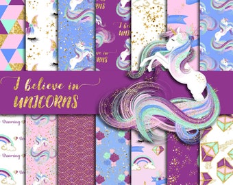 Gold glitter unicorn digital paper in jpg format, pink and mint geometric pattern,  rainbow clouds and unicorn faces size 12 in by fantasy