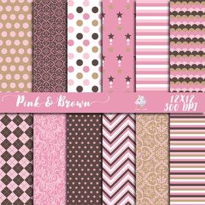Papel rosa e marrom, papel digital, pacote de papel rosa, damasco marrom, fundo floral, decoração de chá de bebê, papel para scrapbooking, padrão de flores