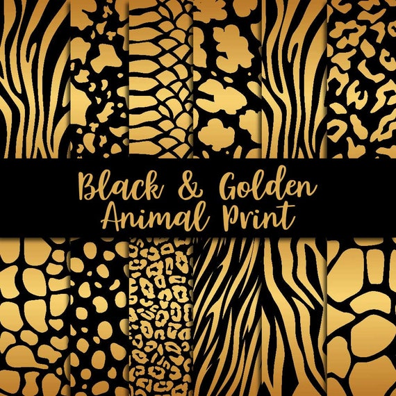 Gold animal print, black background, safari zoo animals, animal skin pattern, golden texture, fantasy cliparts, zebra giraffe tiger, snake Il_570xn