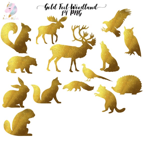 Woodland animals, gold foil animals, animals clipart, woodland clip art, forest animals, animal sihouette, kids clipart set, racoon skunk ow Il_570xn