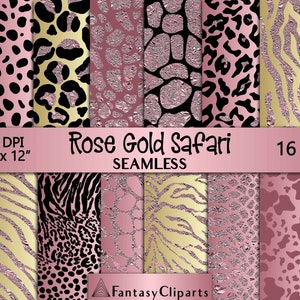Rose Gold Glitter Safari Animal Print Digital Paper | Blush Cheetah Seamless Pattern | Leopard Print Textures | Pink Zebra Background 12x12