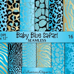 Baby Blue Glitter Safari Animal Print Digital Paper / Sky Blue Cheetah Seamless Pattern / Leopard Print Textures / Zebra Background 12x12