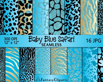 Baby Blue Glitter Safari Animal Print Digital Paper | Sky Blue Cheetah Seamless Pattern | Leopard Print Textures | Zebra Background 12x12