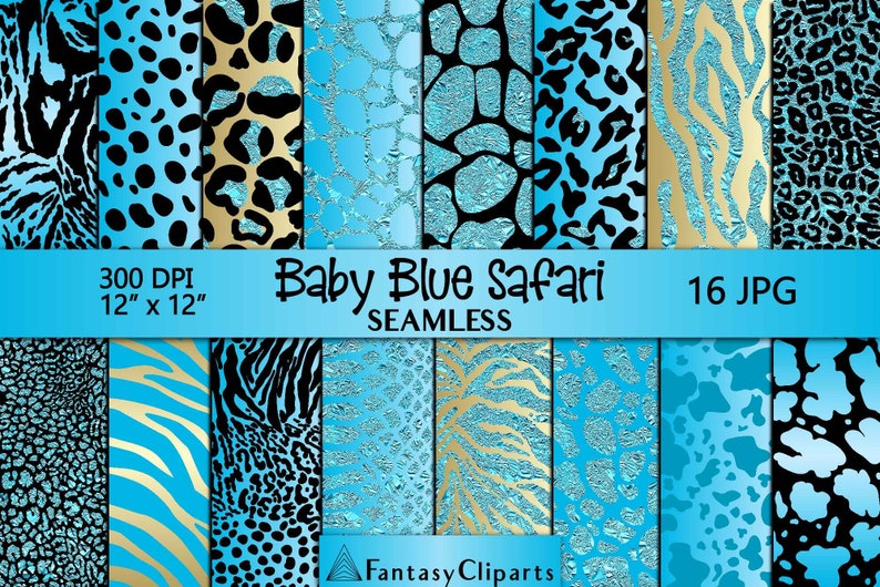 Baby Blue Glitter Safari Animal Print Digital Paper | Sky Blue Cheetah ...