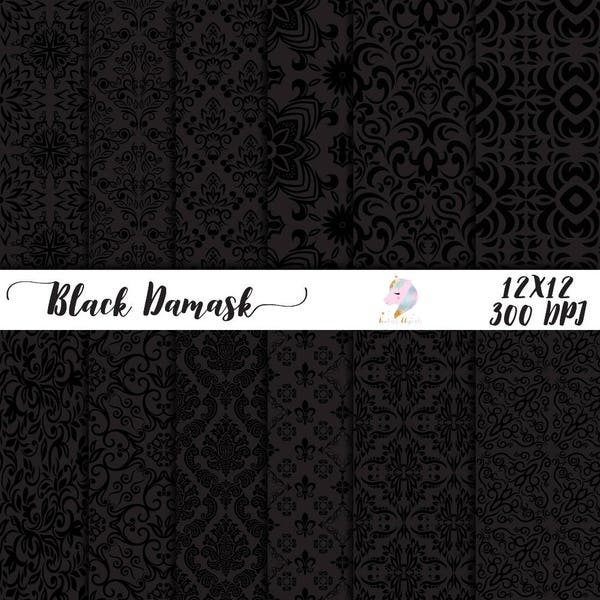 Papier numérique damassé, damas noir, noir sur noir, pack de papier floral, motif floral, papier scrapbooking, fonds damassés, vainqueur gothique