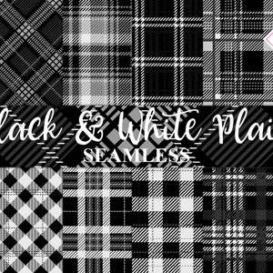 Black white plaid, seamless patterns, digital paper, tartan textures, twill backgrounds, buffalo gingham, log cabin lumberjack, flannel chec