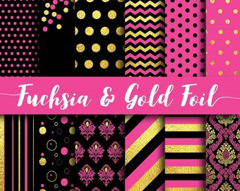 Könnte beinhalten: Eine Sammlung digitaler Papiere mit Mustern in Fuchsia, Schwarz und Goldfolie. Designs umfassen Punkte, Zickzack, Streifen und Damast. Der Text "Fuchsia & Gold Foil" ist über dem Bild zu sehen.