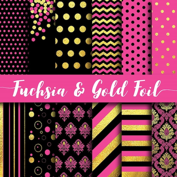 Fuchsia backgrounds, gold foil textures, fuschia scrapbook, digital paper, hot pink pattern, scrapbooking paper, fantasy cliparts, golden po Il_570xn