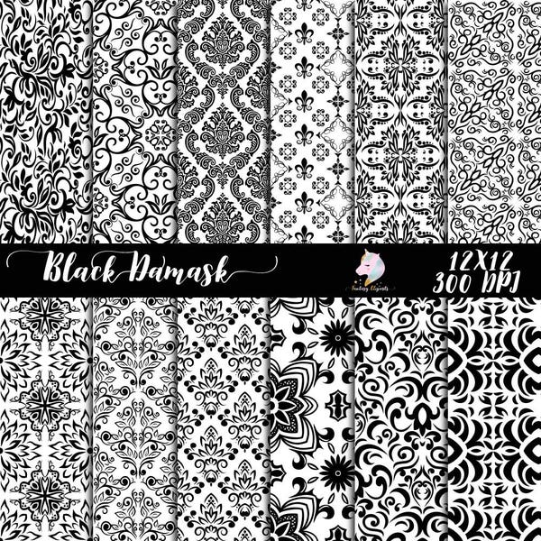 Black damask, white digital paper, floral background, scrapbook paper, flower pattern, black on white, paper pack set, damask scrapbooking,
