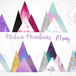 Modern mountains, geometric shapes, triangles objects, whimsical logo, galaxy cosmic, watercolor foil, art deco clipart, gold glitter marble