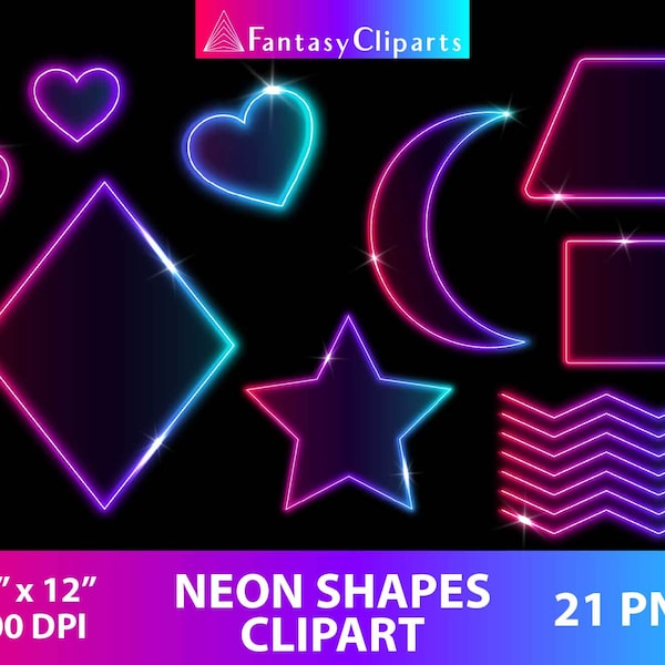 Neon Geometric Shapes Clipart PNG | Glowing Neon Frames Clip Art | Pastel Rainbow Ombre Heart | Glow In The Dark Neon Party | Commercial Use