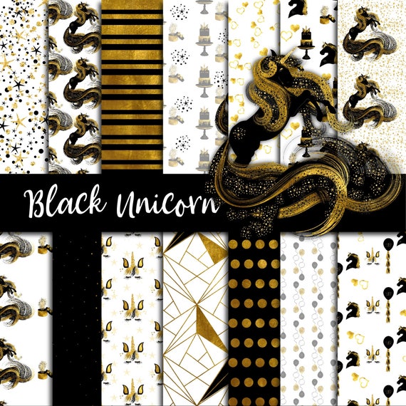 Black and gold foil unicorn digital paper made by fantasy cliparts, golden geometric pattern in jpg format, 12x12 in with commercial use Il_570xn