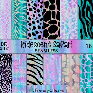 Iriserende folies Safari Animal Print Digital Paper | Rainbow Cheetah Naadloos patroon | Luipaard print textuur | Holografische Zebra Achtergrond