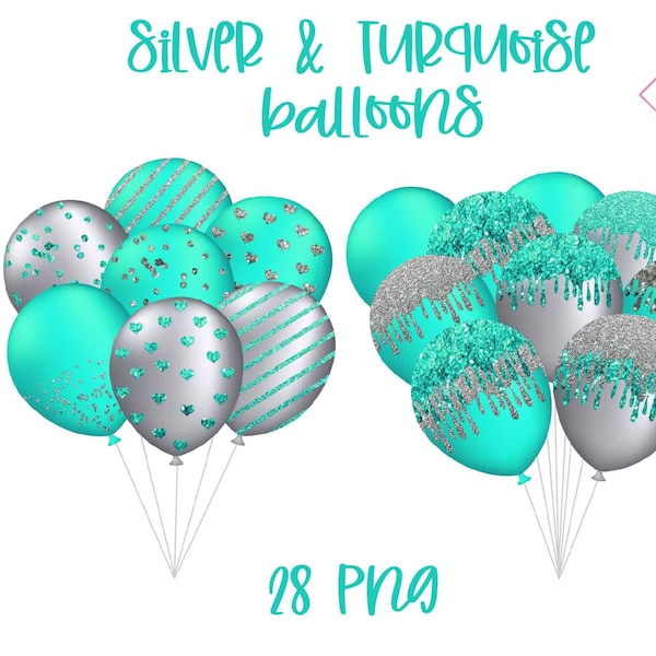 Silver aqua combo, turquoise ocean blue, balloon clipart, balloons bunches, teal cyan seafoam, glitter sparkle, animal print, leopard tiger,