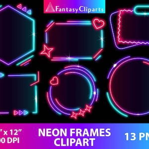 Neon Frames Clipart PNG | Glowing Neon Frame Clip Art | Pastel Rainbow Ombre Heart | Glow In The Dark Neon Party | Geometric Shapes | Border