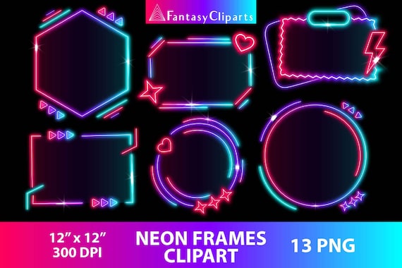 Neon Frames Clipart PNG | Glowing Neon Frame Clip Art | Pastel Rainbow Ombre Heart | Glow In The Dark Neon Party | Geometric Shapes | Border Il_570xn