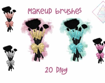 Makeup brushes, watercolor splash, glitter bow ribbon, shimmer brush, fashion illustration, beauty cosmetics, make up clipart, eyeshadow pow