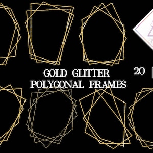 Polygonal frames, gold glitter, geometric shapes, boho chic clipart, digital clip art, wedding party, crystal overlapping, empty labels,