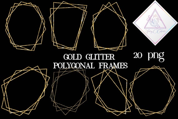 Polygonal frames, gold glitter, geometric shapes, boho chic clipart, digital clip art, wedding party, crystal overlapping, empty labels, Il_570xn
