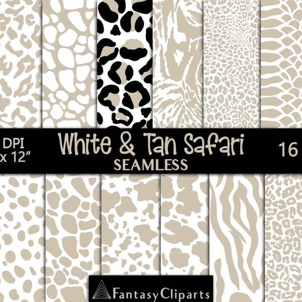 White & Tan Animal Print Digital Paper | Beige Safari Seamless Patterns | Leopard Print Textures | Giraffe Backgrounds JPG | Commercial Use