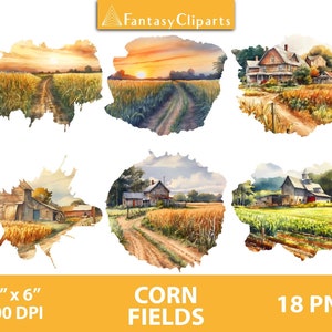 Puede incluir: Ilustraciones en acuarela de campos de maíz y granjas. Las imágenes presentan diversas escenas rurales con caminos de tierra, campos dorados y edificios. El texto "Fantasy Cliparts", "6" x 6" 300 DPI", "Corn Fields" y "18 PNG" están incluidos.