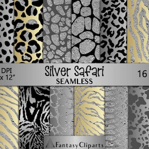 Silver Glitter Safari Animal Print Digital Paper | Grey Cheetah Seamless Pattern | Leopard Print Textures | Gold Zebra Background 12x12