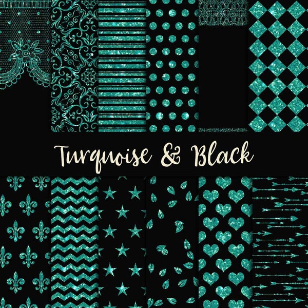 Turquoise & black, digital paper, scrapbooking paper, teal glitter damask, mint glitter lace, fleur de lis pattern, glitter texture, heart