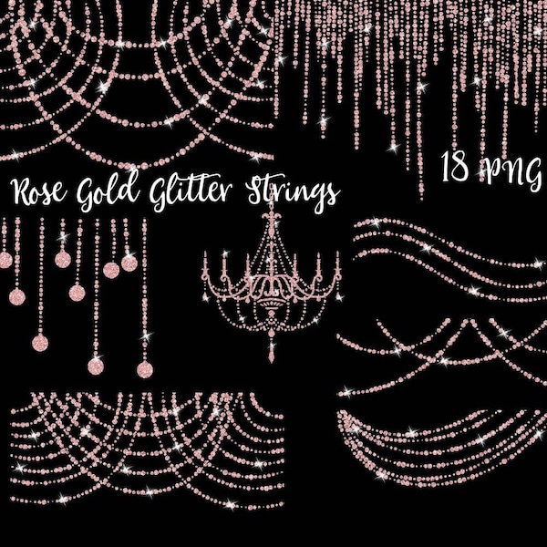 Rose gold glitter, string lights clipart, string garlands, light strnads, glitter chandelier, glitter clip art, pink glitter, christmas ligh