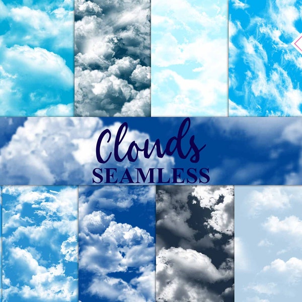 Seamless clouds, digital paper, sunny sky, repeating pattern, sunrise sunset, blue summer skies, cloud background, cloudy textures, realisti