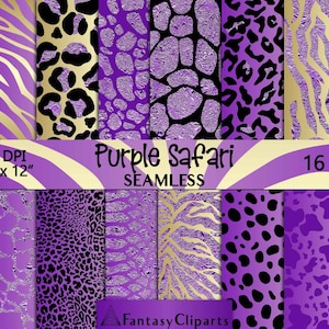Purple Glitter Safari Animal Print Digital Paper / Violet Cheetah Seamless Pattern / Leopard Print Textures / Lilac Zebra Background 12x12