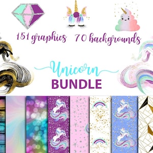 Unicorn huge bundle of clipart and digital paper, rainbow lace overlay png, unicorn textures and wood backgrounds, black and galaxy unicorns image 1