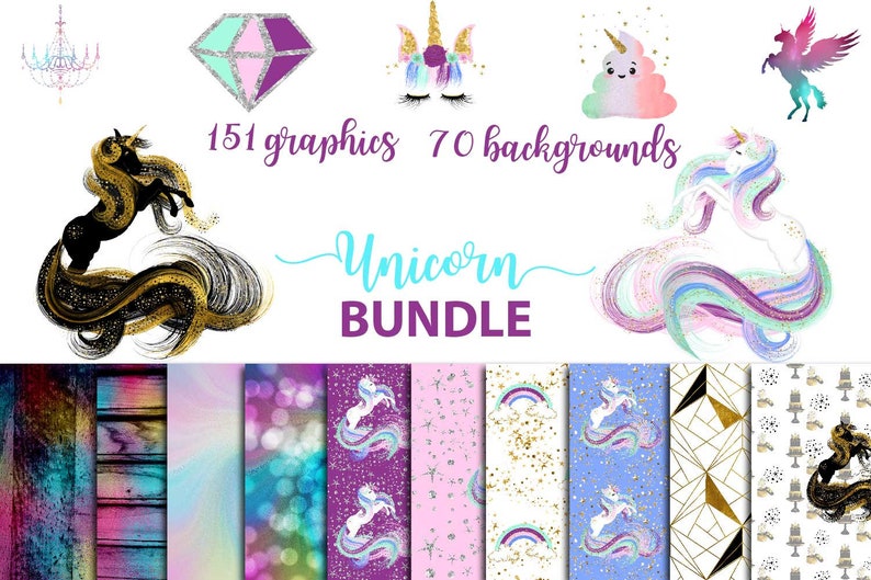 Unicorn huge bundle of clipart and digital paper, rainbow lace overlay png, unicorn textures and wood backgrounds, black and galaxy unicorns image 1