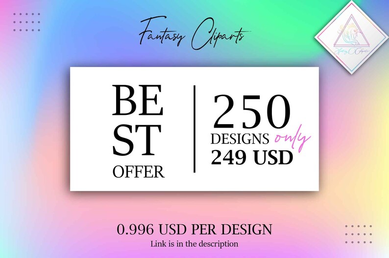May include: A white rectangle with black text that reads "BE ST OFFER" and "250 DESIGNS only 249 USD". Below the rectangle is the text "0.996 USD PER DESIGN" and "Link is in the description".