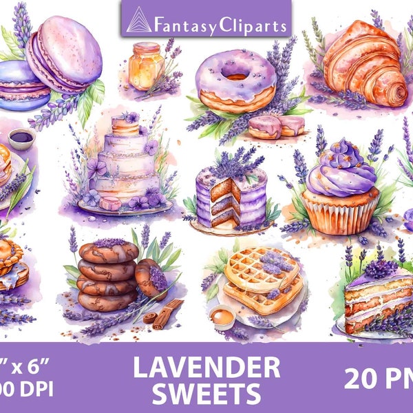 Watercolor Lavender Sweets Clipart | Floral Food Treats Clip Art | French Provance Pancakes Waffles PNG | Purple Cake Macaroons Pie Muffin