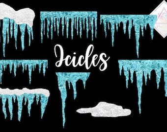 Frosted icicles, frozen ice, winter clipart, snowflakes snowy, glitter clip art, textured decor, turquoise icicle, aqua blue white, sparklin