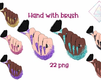 Makeup clipart, hand with brush, make up illustration, logo elements, gold glitter nails, african american, very long nail, beauty salon, co