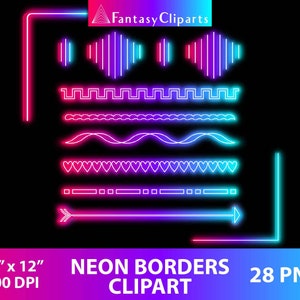 Neon Borders Clipart PNG | Gloeiende Neon Dividers Clip Art | Pastel Regenboog Ombre | Corner Border Glow In The Dark Party | Commercieel gebruik