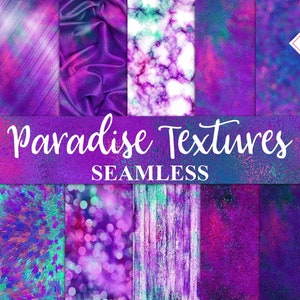 May include: A collection of seamless digital textures in shades of purple, pink, and teal. The image features various patterns, including glitter, fabric, marble, and bokeh effects. The text "Paradise Textures SEAMLESS" is displayed across the image.