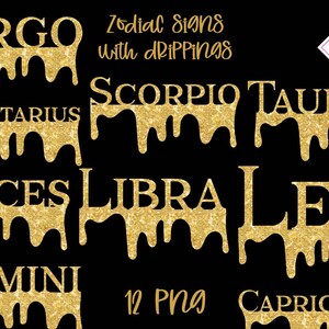 Signes zodiacaux png, sublimation t shirt, gouttes gouttes, paillettes d’or, clipart astrologie, sagittaire leo, scorpion virgo balance, poissons capric